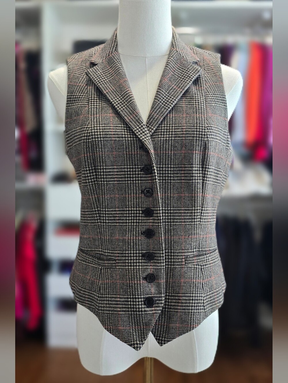 Ralph Lauren Glen Plaid Tailored Vest in Black, Gray with Pink Threading - 8 P